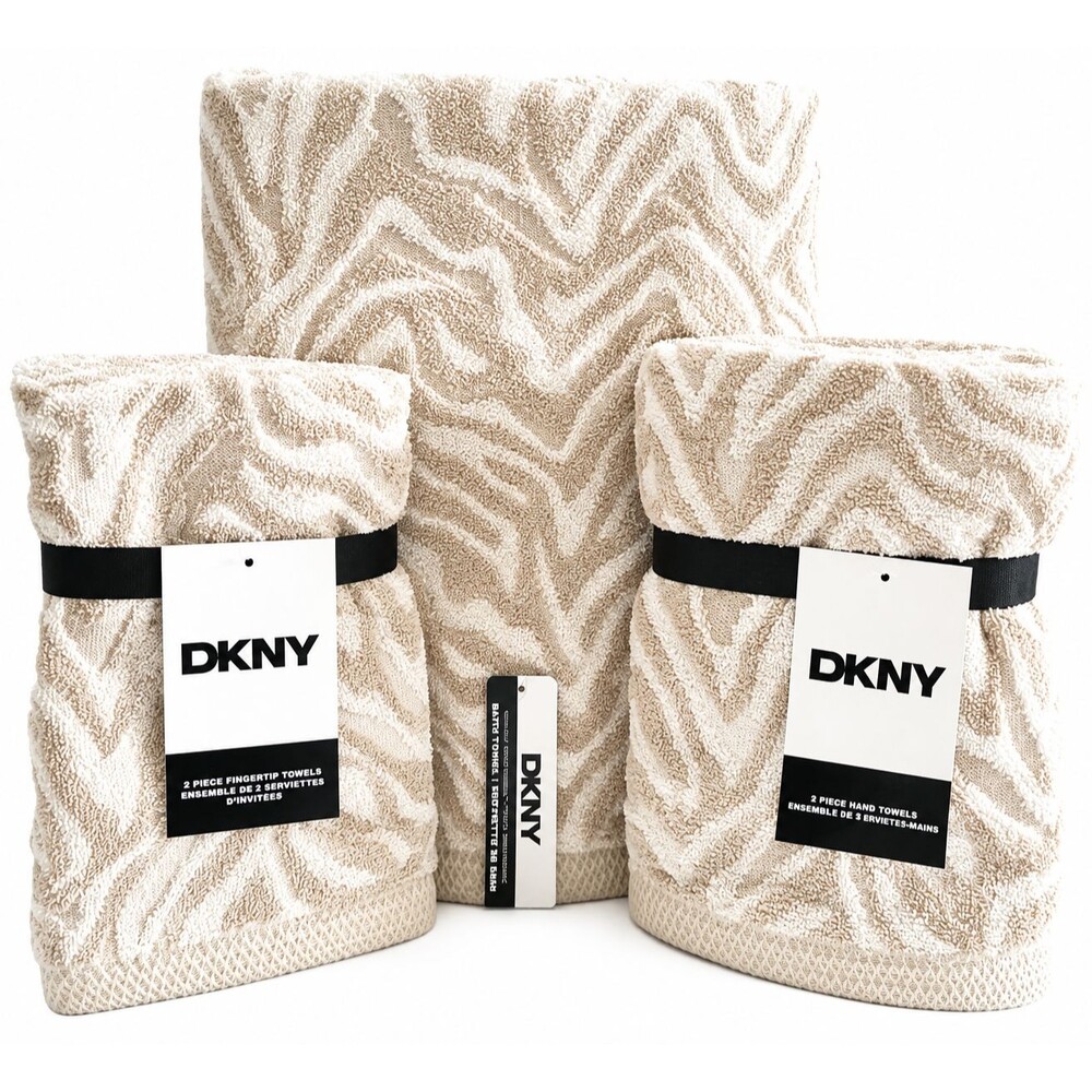 DKNY Zebra Stripe 6 Pc Towel Set Beige White 2 Bath 2 Hand 2 Fingertip Towels
